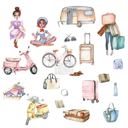 Photo for Watercolor hand drawn set of sitting small girl, travelling cases, scooters, bicycle . Design for baby shower party, birthday, cake, holiday celebration design, posters, greetings card, invitation. - Royalty Free Image