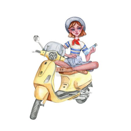 Photo for Composition of a small girl sitting on a scooter. Fashionable child. Stylish sketch. Fashion illustration. Design for baby shower party, birthday, cake, holiday celebration design, posters, greetings card, invitation. - Royalty Free Image