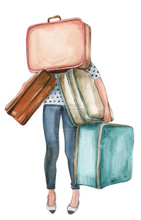 Photo for Watercolor fashion travelling young woman. Fashionable women. Stylish sketch. Fashion illustration. Perfect for greetings cards, invitation, poster, party decoration. - Royalty Free Image