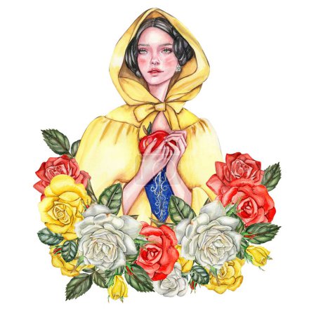 Photo for Composition with girl with dark hair in yellow raincoat with apple in her hands and flowers. Hand drawn watercolor illustration based on fairy tale. Can be used for poster, t-shirt printing, post card. - Royalty Free Image