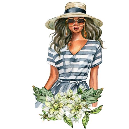 Watercolor fashion woman and white dahlia composition. Hand drawn illustration or a summer garden. Design for baby shower party, birthday, cake, holiday celebration design, greetings card,invitation.