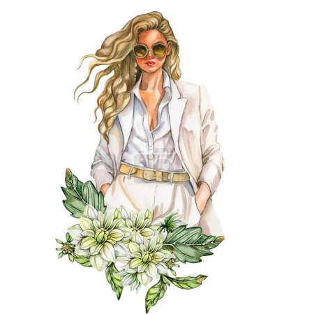 Watercolor fashion woman and white dahlia composition. Hand drawn illustration or a summer garden. Design for baby shower party, birthday, cake, holiday celebration design, greetings card,invitation.
