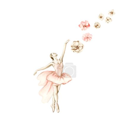 Illustration for Watercolor dancing ballerina composition with flowers.Pink pretty ballerina. Watercolor hand draw illustration. Can be used for cards or posters. With white isolated background. Illustartion - Royalty Free Image