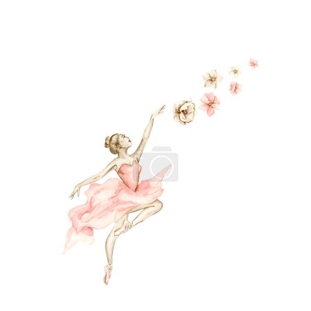 Ilustración de Bailarina composición acuarela con flores. Bailarina bonita rosa. Acuarela mano dibujar ilustración. Se puede utilizar para tarjetas o carteles. Con fondo blanco aislado. Ilustración - Imagen libre de derechos