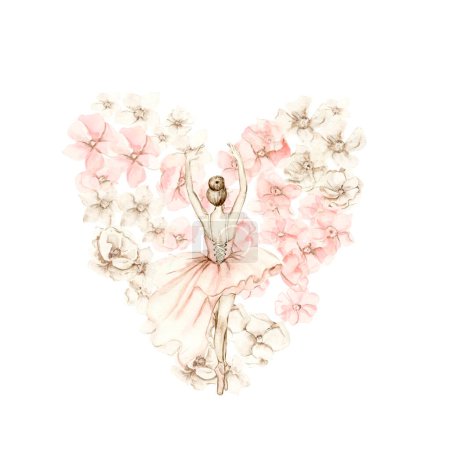Illustration for Watercolor dancing ballerina composition with flowers.Pink pretty ballerina. Watercolor hand draw illustration. Can be used for cards or posters. With white isolated background. Illustartion - Royalty Free Image