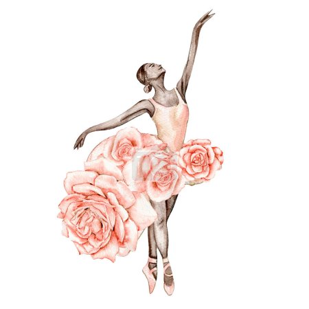 Illustration for Watercolor dancing ballerina composition with flowers.Pink pretty ballerina. Watercolor hand draw illustration. Can be used for cards or posters. With white isolated background. Illustration - Royalty Free Image