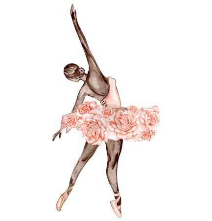 Illustration for Watercolor dancing ballerina composition with flowers.Pink pretty ballerina. Watercolor hand draw illustration. Can be used for cards or posters. With white isolated background. Illustration - Royalty Free Image
