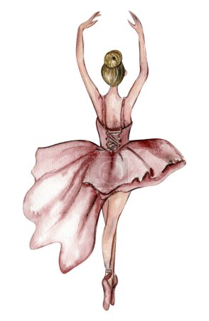 Aquarell tanzende Ballerina im rosa Kleid. Vereinzelt tanzende Ballerina. Handgezeichnete klassische Ballettaufführung, Pose. Junge hübsche Ballerinas. Kann für Postkarten und Poster verwendet werden. 