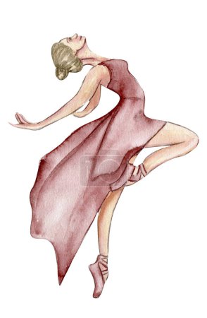 Illustration for Watercolor dancing ballerina in pink dress. Isolated dancing ballerina. Hand drawn classic ballet performance, pose. Young  pretty ballerina women  illustration. Can be used for postcard and posters. - Royalty Free Image