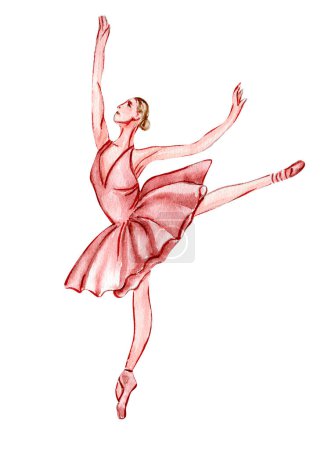 Illustration for Watercolor dancing ballerina in pink dress. Isolated dancing ballerina. Hand drawn classic ballet performance, pose. Young  pretty ballerina women  illustration. Can be used for postcard and posters. - Royalty Free Image