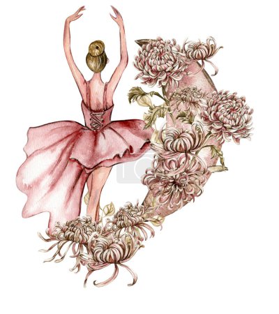 Illustration for Watercolor dancing pink pretty ballerina with flowers and moon. Watercolor hand drawn illustration. Can be used for cards or posters. With white isolated background. Young  pretty ballerina women. - Royalty Free Image