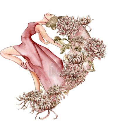 Illustration for Watercolor dancing pink pretty ballerina with flowers and moon. Watercolor hand drawn illustration. Can be used for cards or posters. With white isolated background. Young  pretty ballerina women. - Royalty Free Image