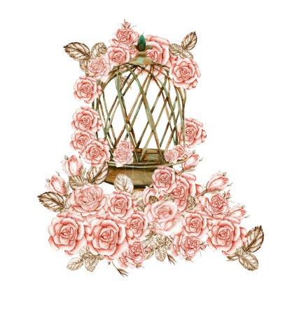 Photo for Watercolor illustration of rusty element with roses. An old rusty enamel element. Hand-drawn in watercolour on a white background. Perfect for wedding invitation, greetings card, posters, party decor. - Royalty Free Image