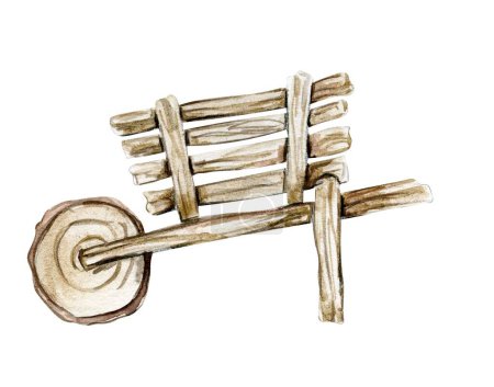 Illustration for Watercolor wooden cart for fairy made from wood. Cute hand painted fairy tale illustration for greeting cards, prints, post cards and souvenirs. Illustartion isilated on white background. - Royalty Free Image
