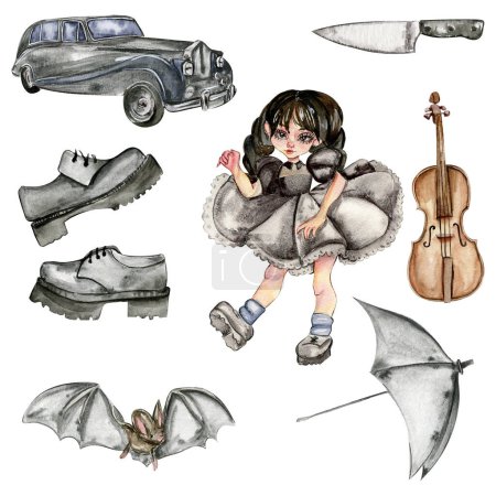 Illustration for Watercolor set of mystical watercolor illustrations,black shoes,car,umbrella, knife,bat,cello,Wednesday. Elements are isolated on a white background.Perfect for invitation,greetings card,party decor. - Royalty Free Image