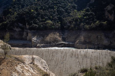 Téléchargez les photos : Sécheresse en Espagne, rivière de Congost de Mont Rebei avec sable sec, rivière basse avec des arbres secs, réchauffement climatique - en image libre de droit