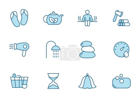 Téléchargez les illustrations : Icônes vectorielles de ligne spa et sauna en deux couleurs isolées sur fond blanc. ensemble d'icônes bleu spa et sauna pour la conception web, ui, applications mobiles et imprimer - en licence libre de droit