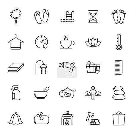 Ilustración de Spa y sauna línea vectorial iconos aislados en blanco. conjunto de iconos lineales de spa y sauna para diseño web y ui, aplicaciones móviles e impresión de productos - Imagen libre de derechos