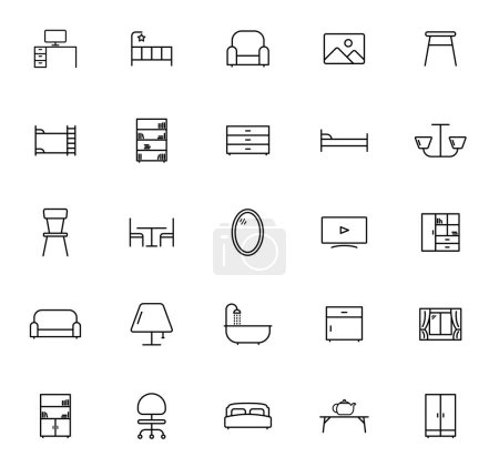 muebles iconos vectoriales lineales aislados en blanco. conjunto de iconos de muebles para diseño web y ui, aplicaciones móviles y productos impresos