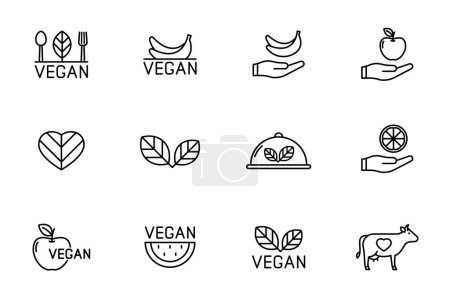 Vegane Linienvektorsymbole isoliert auf weiß. Veganes, gewaltfreies Essen: Symbolset für Web- und UI-Design, mobile Apps und Printprodukte