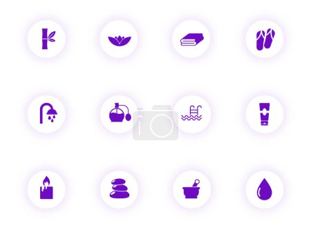Ilustración de Belleza y spa iconos vectoriales de color púrpura en botones redondos de luz con sombra púrpura. conjunto de iconos de belleza y spa para web, aplicaciones móviles, diseño ui e impresión - Imagen libre de derechos