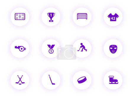 Ilustración de Hockey iconos vectoriales de color púrpura en botones redondos de luz con sombra púrpura. conjunto de iconos de hockey para web, aplicaciones móviles, diseño ui e impresión - Imagen libre de derechos