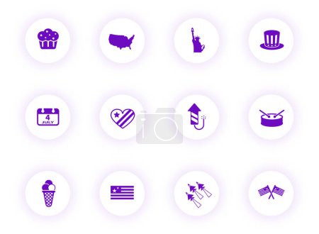 Illustration for Independance day purple color vector icons on light round buttons with purple shadow. independance day icon set for web, mobile apps, ui design and print - Royalty Free Image