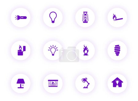 Illustration for Light purple color vector icons on light round buttons with purple shadow. light icon set for web, mobile apps, ui design and print - Royalty Free Image