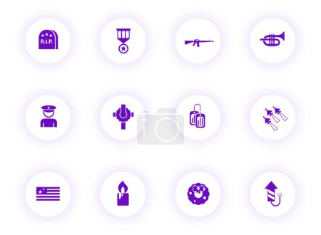 Téléchargez les illustrations : Memorial day purple color vector icons on light round buttons with purple shadow. memorial day icon set for web, mobile apps, ui design and print - en licence libre de droit