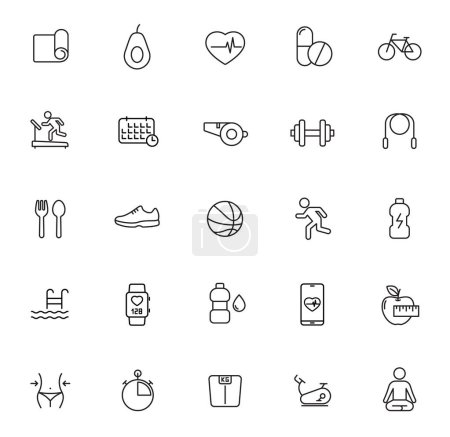 Illustration for Fitness outline vector icons isolated on white background. fitness icon set for web and ui design, mobile apps, print polygraphy and promo advertising business - Royalty Free Image