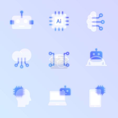 artificial intellegence glass morphism trendy style icon set. transparent glass color vector icons with blur and purple gradient. for web and ui design, mobile apps and promo business polygraphy
