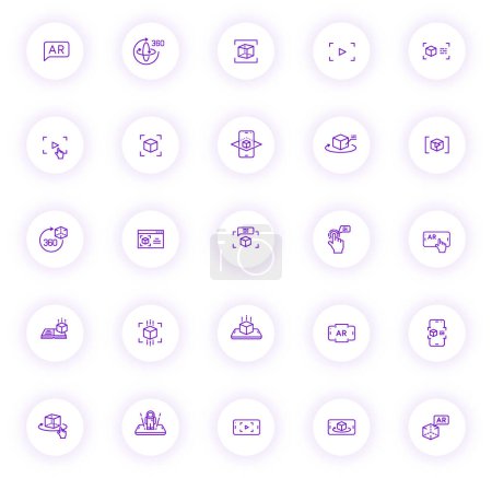 Téléchargez les illustrations : Réalité augmentée violet icônes contour de couleur sur la lumière boutons ronds avec ombre violette. Ensemble d'icônes de réalité augmentée pour le web, les applications mobiles, la conception et l'impression ui - en licence libre de droit