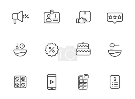 Illustration for Online sweet shop outline icons isolated on white background. online sweet shop line icons for web and ui design, mobile apps, print polygraphy and promo advertising business - Royalty Free Image