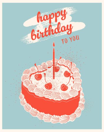Red cake with cherries and white cream in retro style. Cake. Birthday cake. Retro cake with cherries. Greeting card. Candle. Baked goods and sweets. Confectionery product