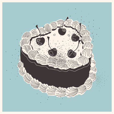 Black cake with cherries and white cream in retro style. Cake. Birthday cake. Retro cake with cherries. Greeting card. Baked goods and sweets. Confectionery product