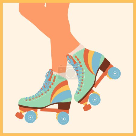 Illustration for Girl on roller skates. Roller skates in retro style. Retro roller skates. Bright roller skates. Roller skating. Beautiful white woman. Body parts, legs - Royalty Free Image