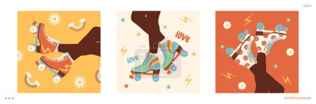 Illustration for A girl on roller skates. Various retro-style roller skates. Retro roller skates. Bright roller skates. Roller skating. Beautiful black woman. Body parts, legs - Royalty Free Image
