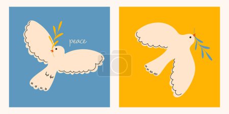 Doves with a twig. Doves of peace. Peace and tranquility. Vector illustration of doves on a blue and yellow background. Greeting cards with doves