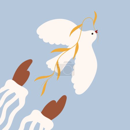 Taube. Friedenstaube. Ein Mädchen lässt eine Taube los. Die Hände des Mädchens und die Taube. Patriotischer Geist. Illustration