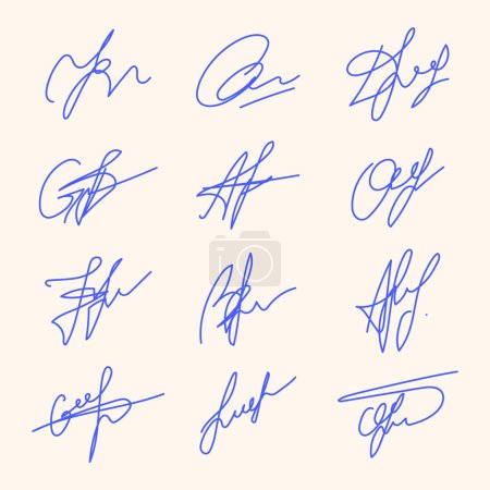 Fiktive handschriftliche Unterschrift. Signaturvariationen. Schöne Handschrift. Vielfältige Kritzeleien. Handschriftliche Symbole