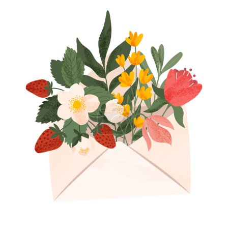 Flores. Un sobre. Plantas. Ilustración vectorial de un sobre con flores para el Día de la Madre. Saludos para las vacaciones