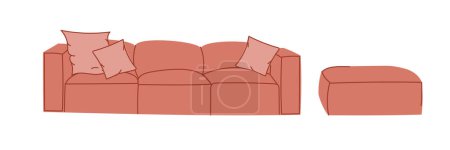 Téléchargez les illustrations : Canapé rose à la mode avec des oreillers de style rétro. Une collection moderne de meubles rembourrés. Vecteur plat - en licence libre de droit