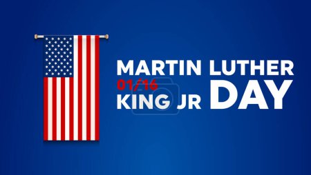 Illustration for Martin Luther King Jr Day greeting card - horizontal blue and red background banner with US flag. Vector Illustration. - Royalty Free Image