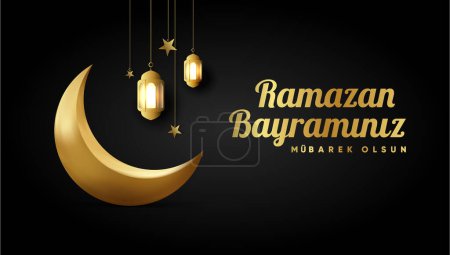 Illustration for Islamic greetings ramadan kareem card design background with lanterns and crescent moon. (Translation: Ramazan bayramnz mubarek olsun.) - Royalty Free Image