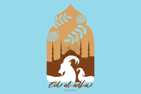 Illustration for Illustration vector graphic of mosque and goat in silhouette with glowing lantern for eid al adha mubarak. good for background, banner, card, poster flyer template. - Royalty Free Image