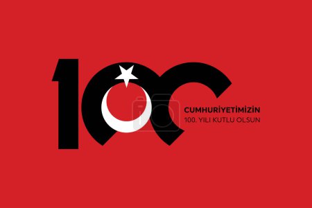 Illustration for 100th year of turkish republic. (Turkish: Cumhuriyetimiz 100 yanda) The Republic of Turkey is 100 years old. Vector illustration, poster, celebration card, graphic, post and story design. - Royalty Free Image