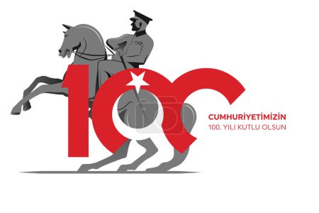 100. Jahrestag der Türkischen Republik. (Türkisch: Cumhuriyetimiz 100 yanda) Die Republik Türkei ist 100 Jahre alt. Vektorillustration, Plakat, Festkarte, Grafik, Post- und Story-Design.