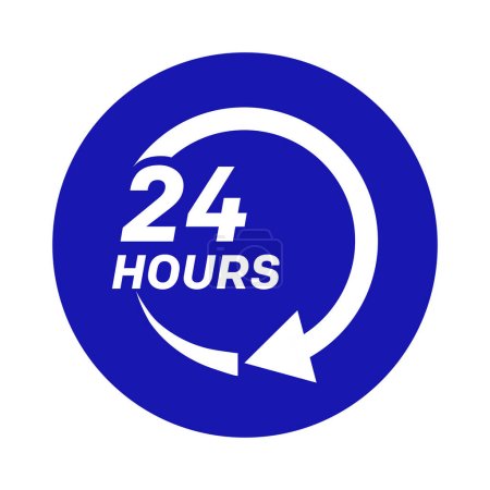 Ilustración de Veinticuatro horas con icono de lazo de flecha, signo cíclico de 24 horas, ejecución o entrega de órdenes abiertas, negocio y servicio durante todo el día, ilustración de diseño vectorial - Imagen libre de derechos