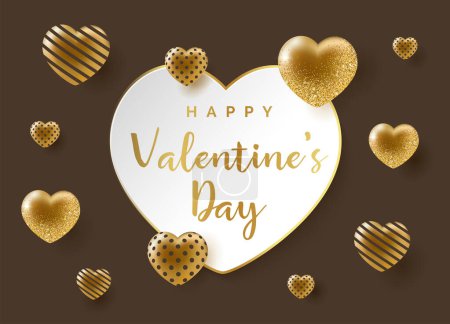 Illustration for Happy valentine day festive sparkle layout template design. Glitter gold hearts on white background with frame, border. Lettering Valentine's day card vector Illustration. Be my valentine. - Royalty Free Image