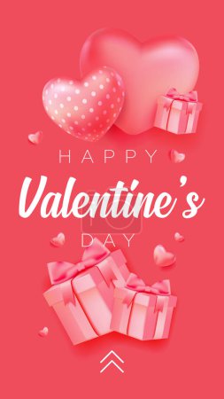 Illustration for Happy Valentine's Day with calligraphy text. Horizontal banner for the website. Romantic background with realistic design elements, gift box, metal hearts, balloons in the shape of heart, strewn with - Royalty Free Image